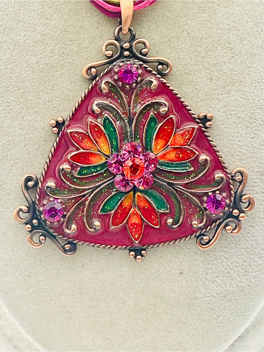 Vibrant Pink Multi Strand Multicolor Floral Triangular Pendant Necklace. 16 inch - Picture 3 of 6